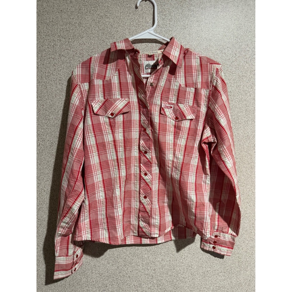 Cowgirl Hardware Womens Red White Plaid Metallic‎ Snap Western Shirt Medium